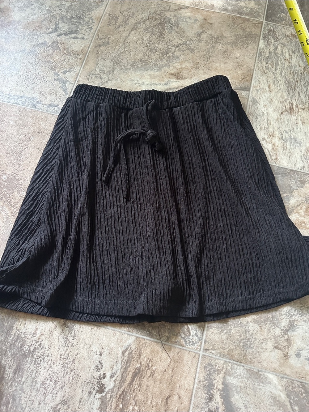 Black Textured Drawstring Skort with A-Line Silhouette